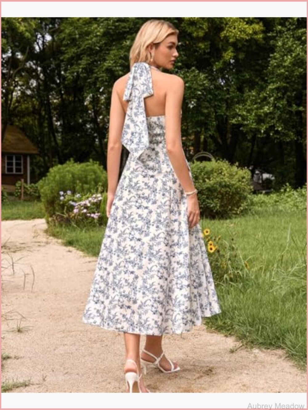 Floral Halter Corset Midi Dress Flowy A-Line Bow Tea Party - Picture 3 of 7